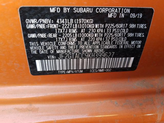 Photo 9 VIN: JF2GTACC9KH399627 - SUBARU CROSSTREK 