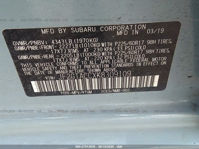 Photo 8 VIN: JF2GTACCXK8309109 - SUBARU CROSSTREK 