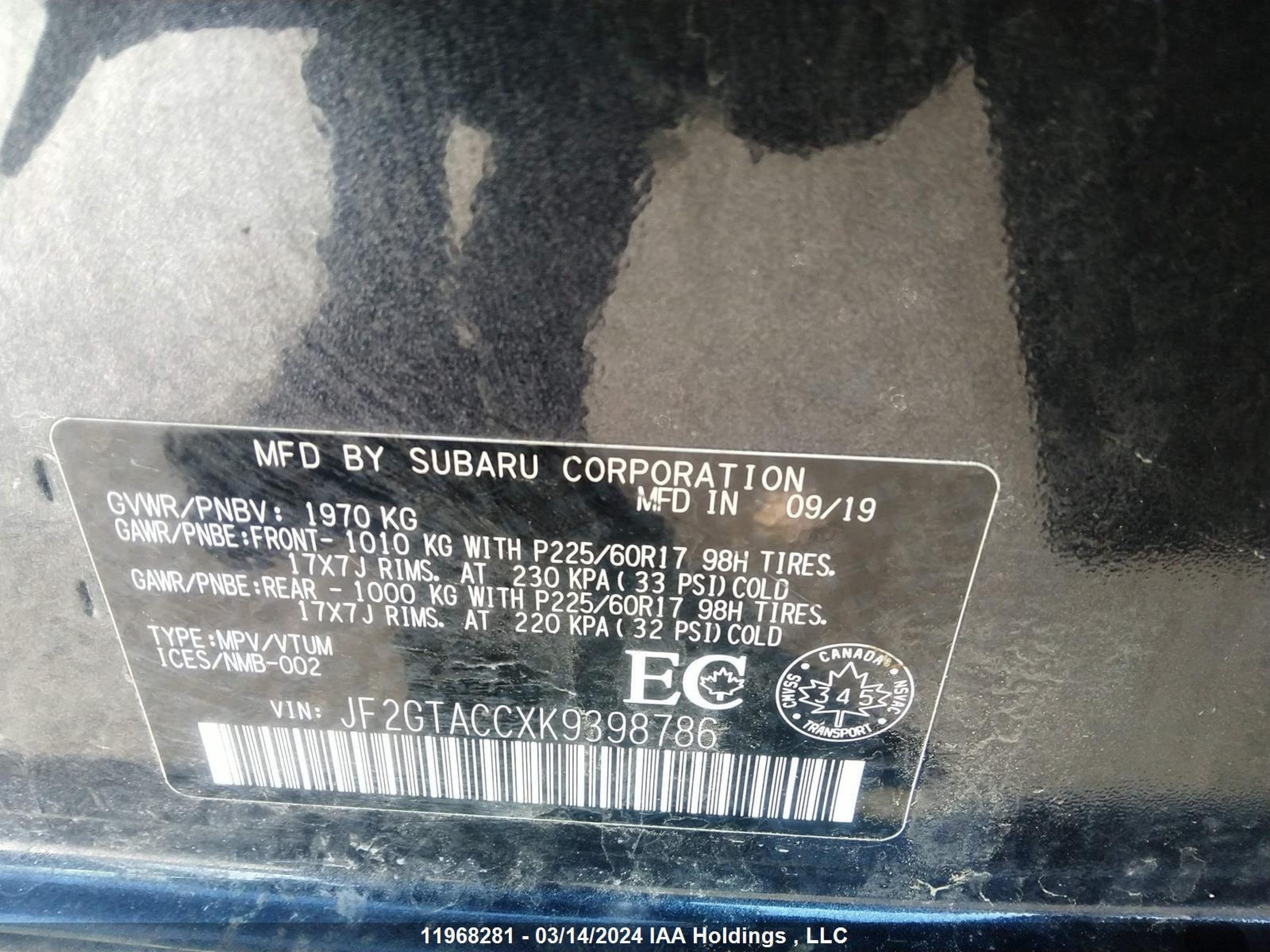 Photo 8 VIN: JF2GTACCXK9398786 - SUBARU CROSSTREK 