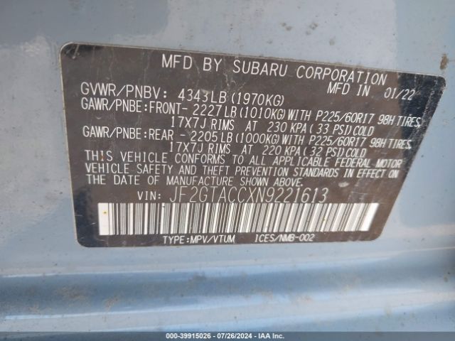 Photo 8 VIN: JF2GTACCXN9221613 - SUBARU CROSSTREK 