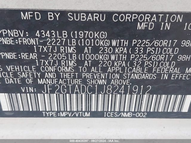 Photo 8 VIN: JF2GTADC1J8241912 - SUBARU CROSSTREK 