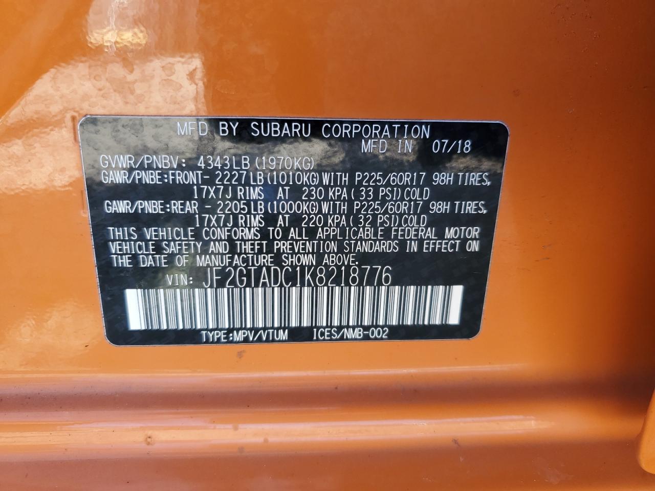 Photo 11 VIN: JF2GTADC1K8218776 - SUBARU CROSSTREK 