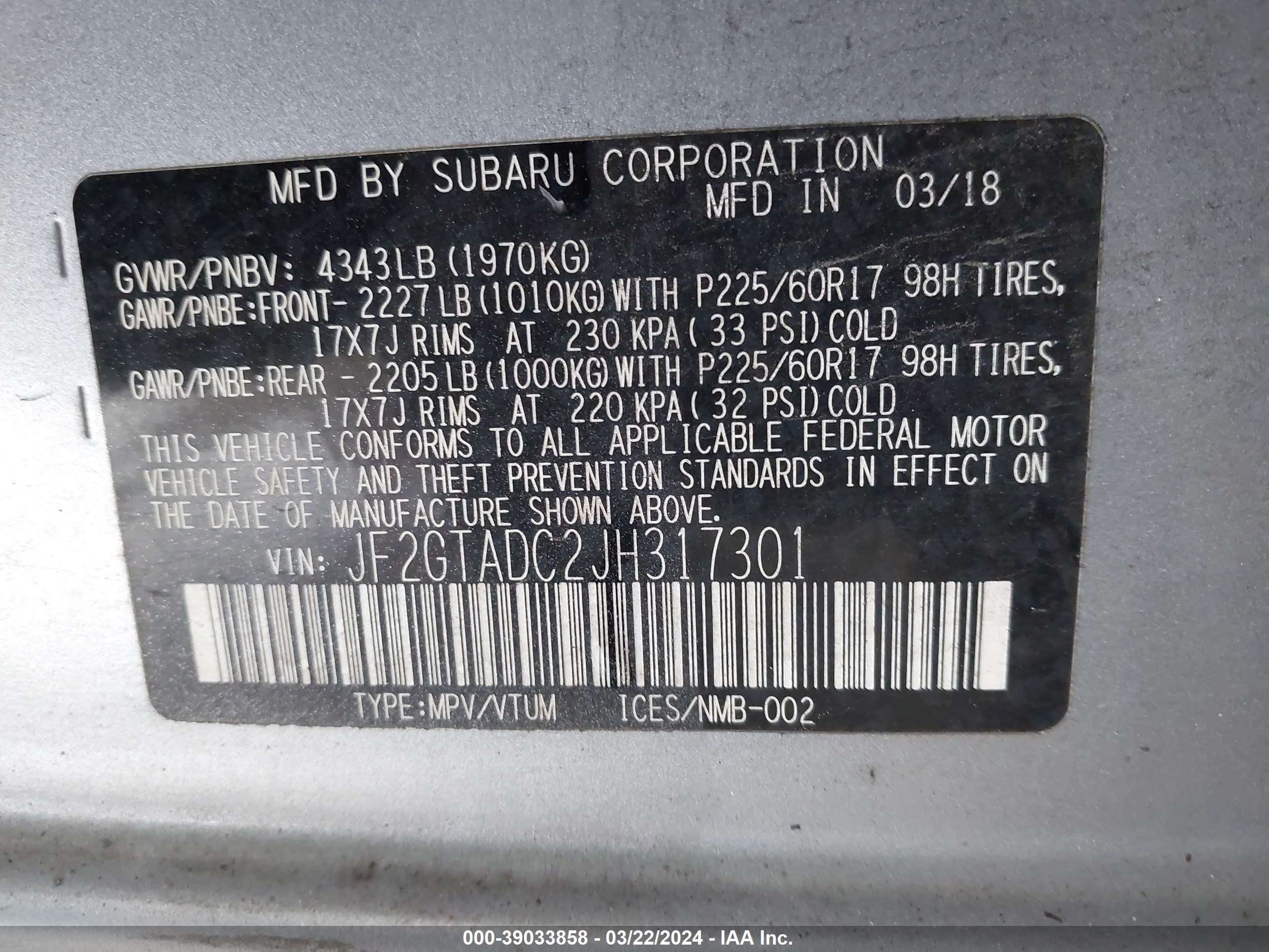 Photo 8 VIN: JF2GTADC2JH317301 - SUBARU CROSSTREK 