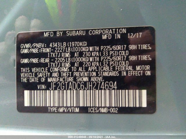 Photo 8 VIN: JF2GTADC6JH274694 - SUBARU CROSSTREK 