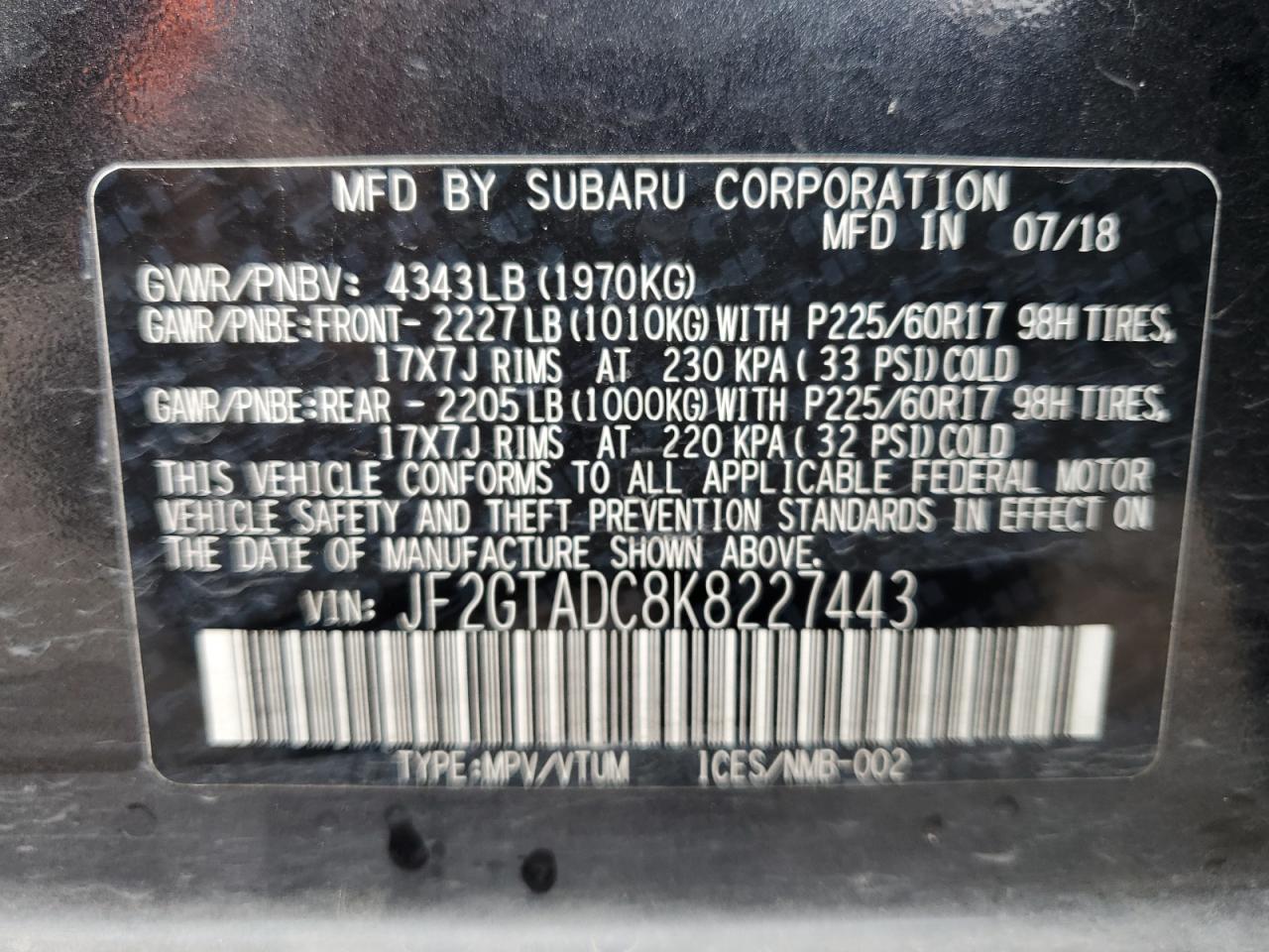 Photo 11 VIN: JF2GTADC8K8227443 - SUBARU CROSSTREK 