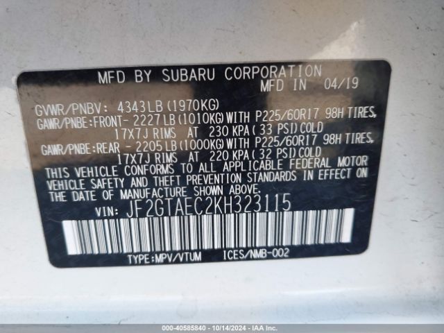 Photo 8 VIN: JF2GTAEC2KH323115 - SUBARU CROSSTREK 