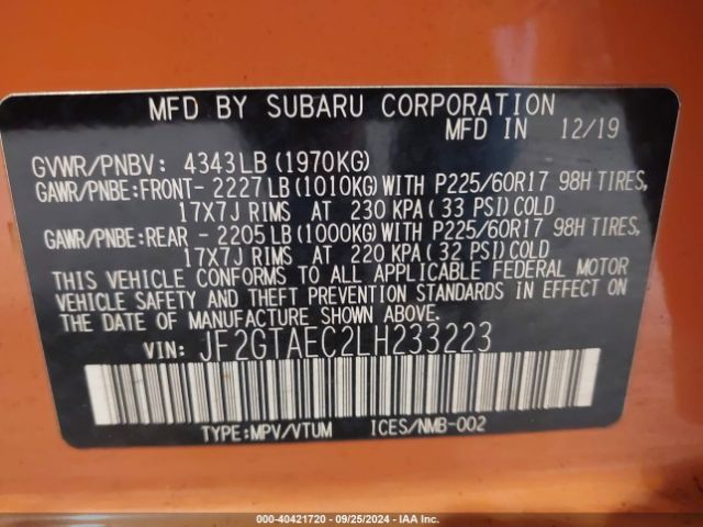 Photo 8 VIN: JF2GTAEC2LH233223 - SUBARU CROSSTREK 