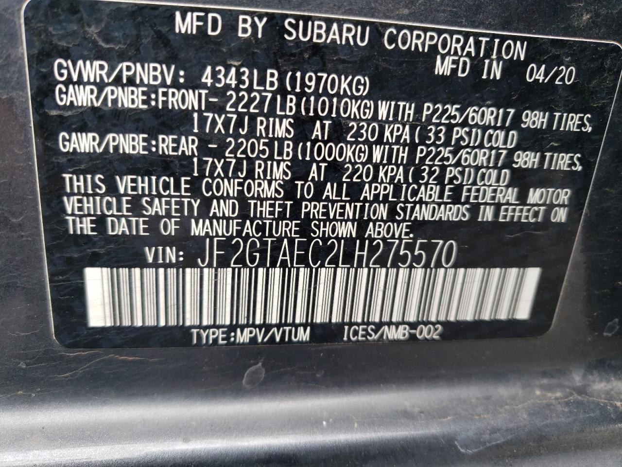 Photo 12 VIN: JF2GTAEC2LH275570 - SUBARU CROSSTREK 