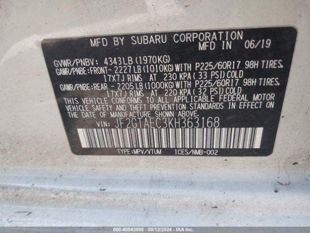 Photo 8 VIN: JF2GTAEC3KH363168 - SUBARU CROSSTREK 