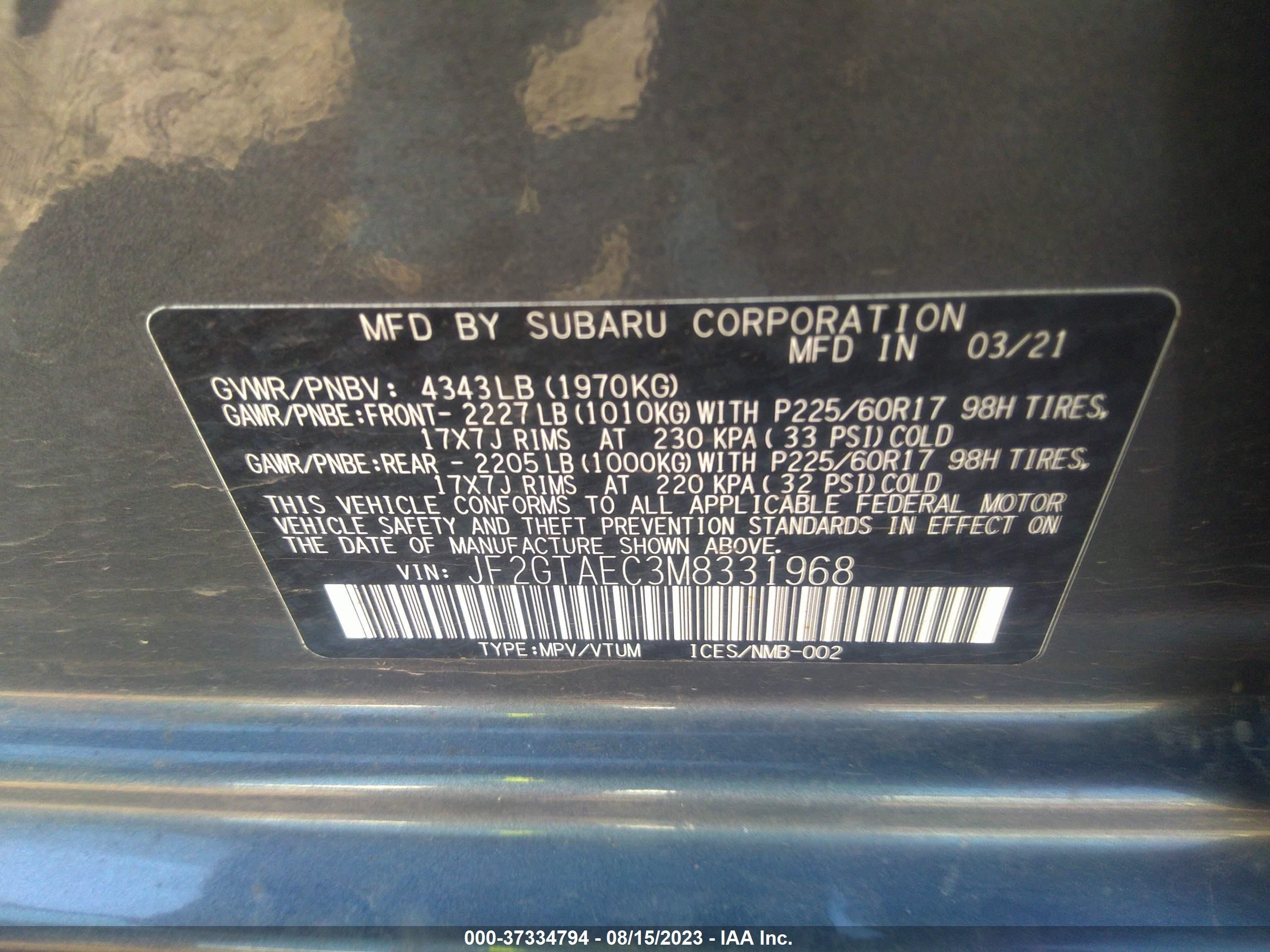 Photo 8 VIN: JF2GTAEC3M8331968 - SUBARU CROSSTREK 