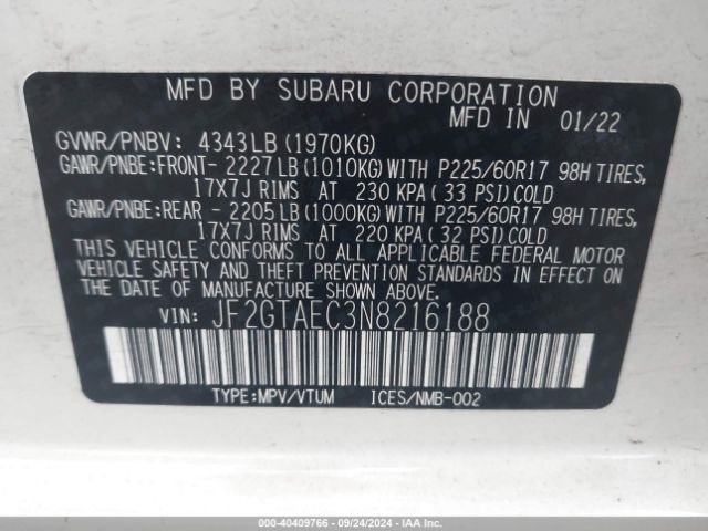 Photo 8 VIN: JF2GTAEC3N8216188 - SUBARU CROSSTREK 