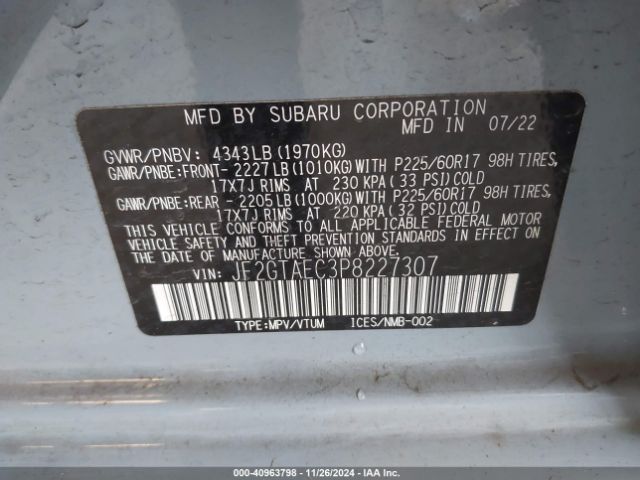 Photo 8 VIN: JF2GTAEC3P8227307 - SUBARU CROSSTREK 