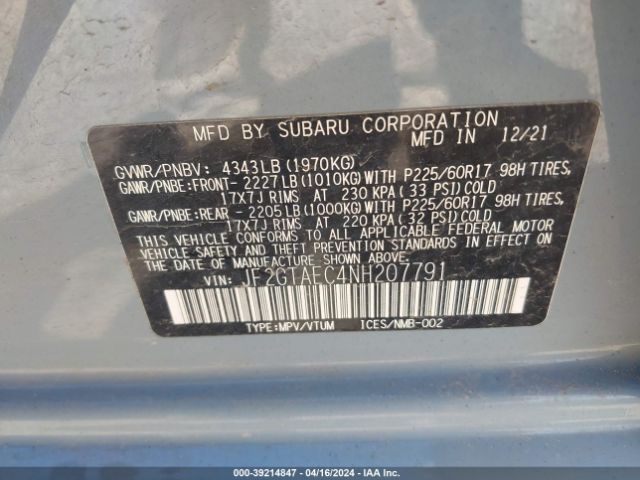 Photo 8 VIN: JF2GTAEC4NH207791 - SUBARU CROSSTREK 