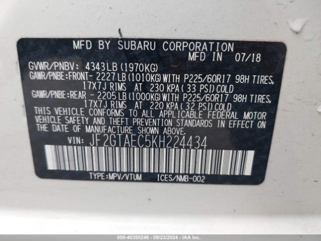 Photo 8 VIN: JF2GTAEC5KH224434 - SUBARU CROSSTREK 