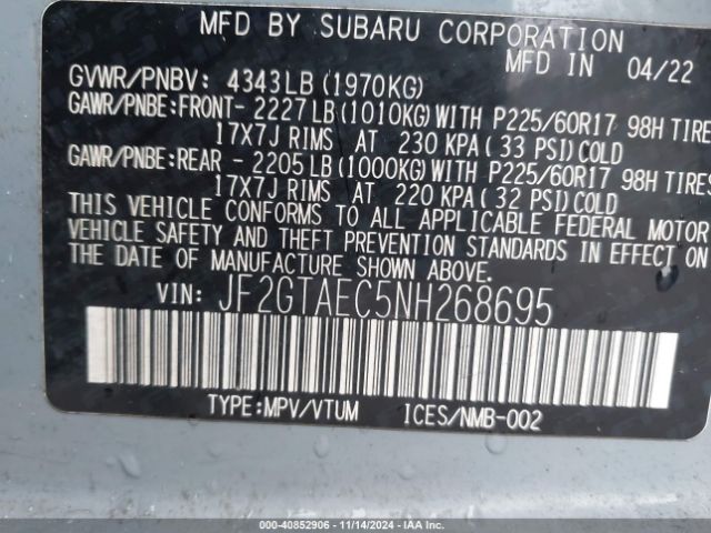 Photo 8 VIN: JF2GTAEC5NH268695 - SUBARU CROSSTREK 