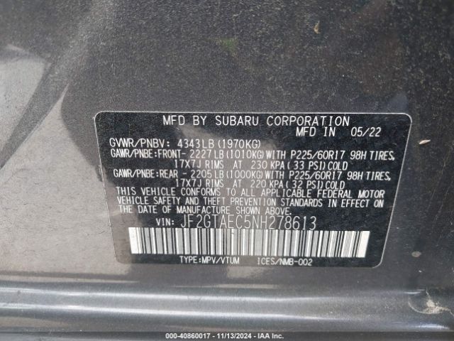 Photo 8 VIN: JF2GTAEC5NH278613 - SUBARU CROSSTREK 