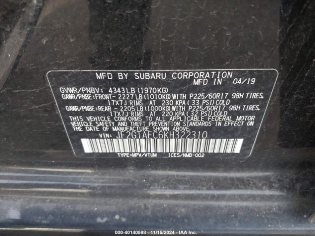 Photo 8 VIN: JF2GTAEC6KH322310 - SUBARU CROSSTREK 