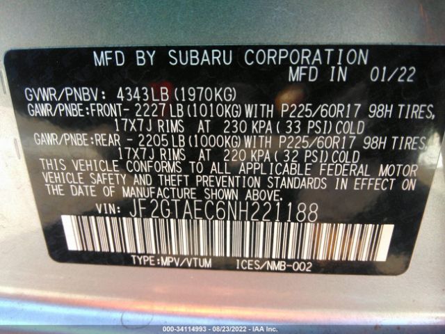 Photo 8 VIN: JF2GTAEC6NH221188 - SUBARU CROSSTREK 