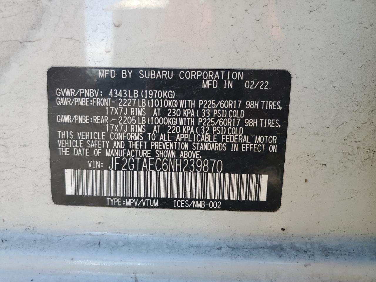 Photo 11 VIN: JF2GTAEC6NH239870 - SUBARU CROSSTREK 