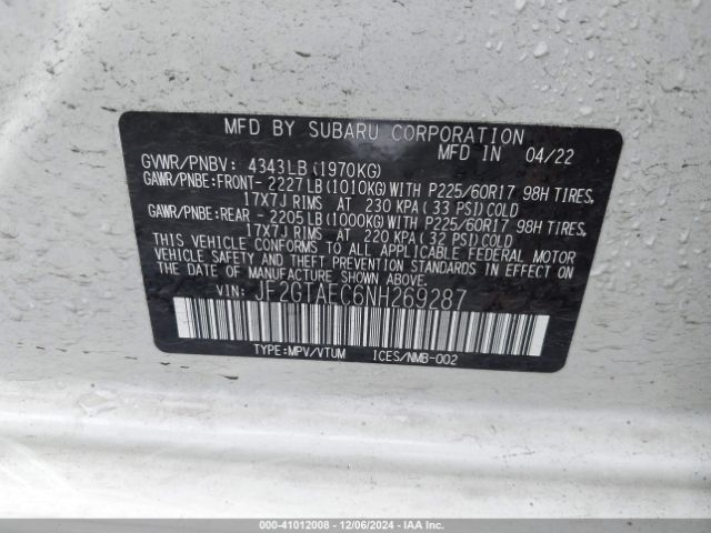 Photo 8 VIN: JF2GTAEC6NH269287 - SUBARU CROSSTREK 