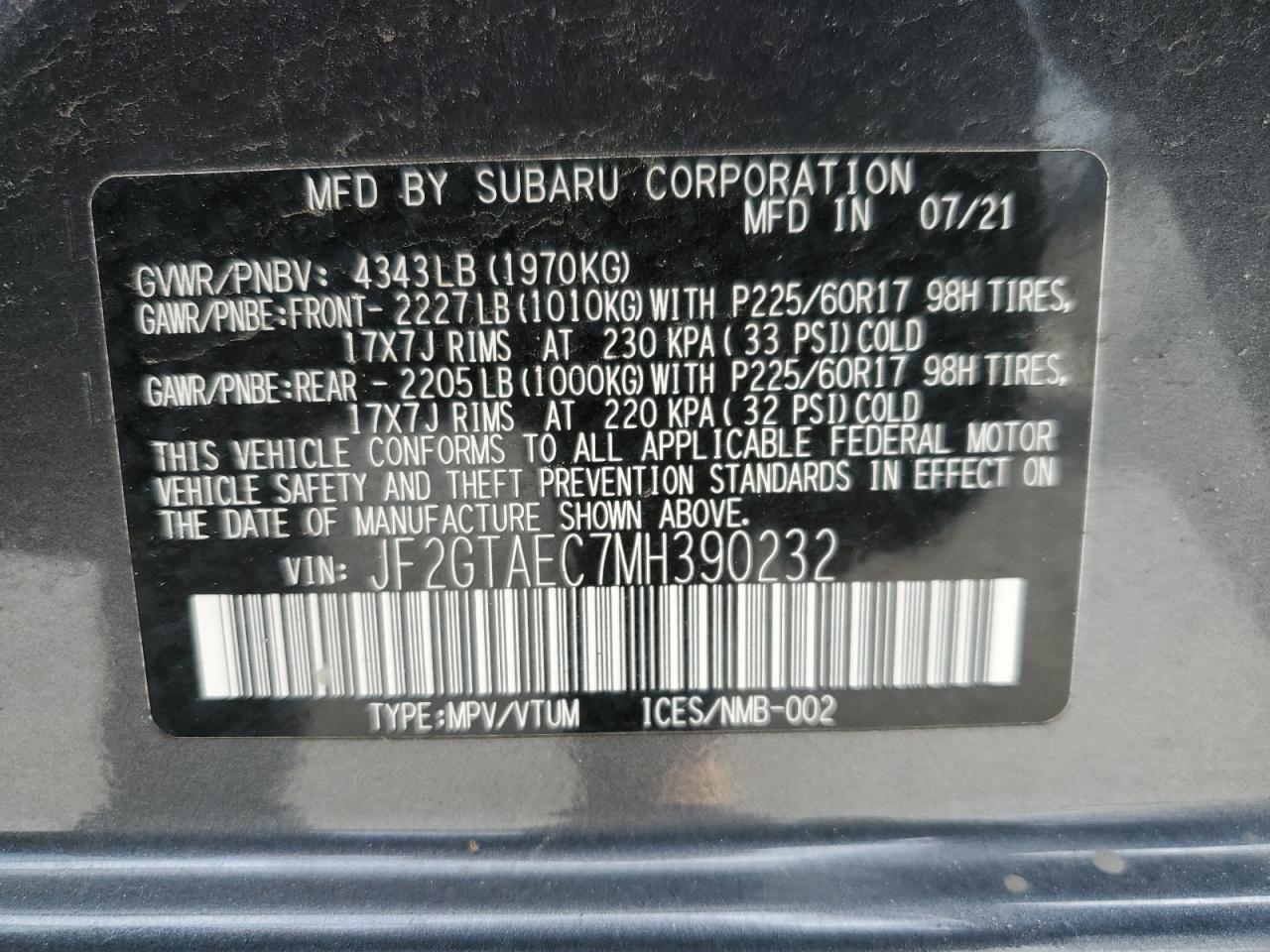 Photo 11 VIN: JF2GTAEC7MH390232 - SUBARU CROSSTREK 