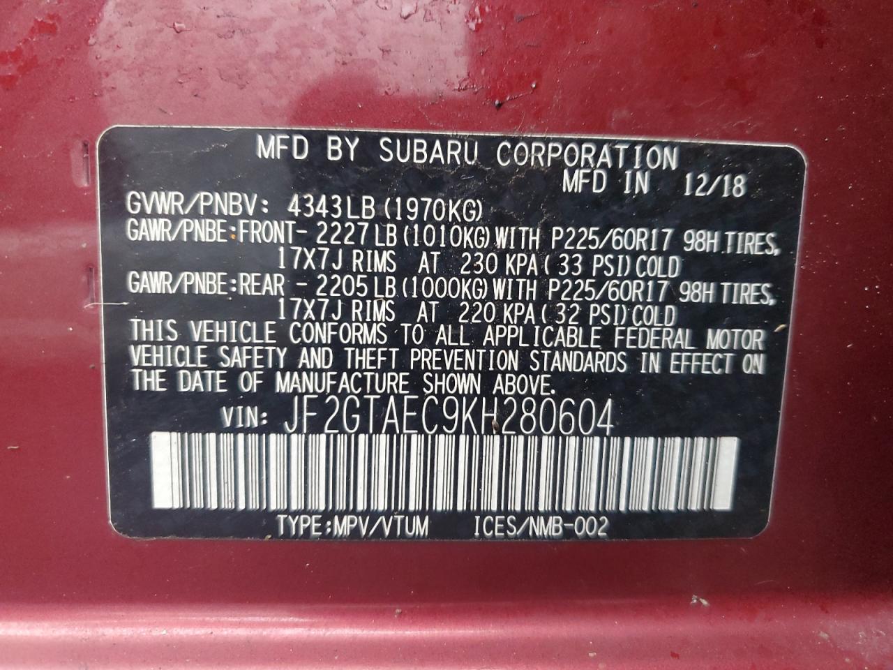 Photo 12 VIN: JF2GTAEC9KH280604 - SUBARU CROSSTREK 