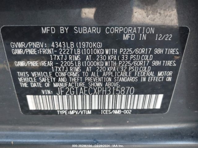 Photo 8 VIN: JF2GTAECXPH315870 - SUBARU CROSSTREK 