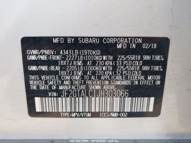 Photo 8 VIN: JF2GTALC1JH303066 - SUBARU CROSSTREK 