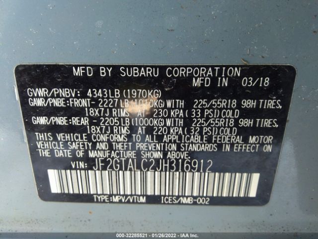 Photo 8 VIN: JF2GTALC2JH316912 - SUBARU CROSSTREK 