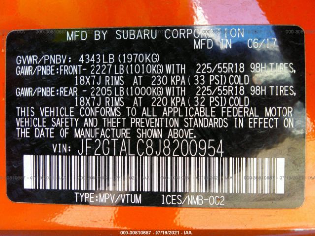 Photo 8 VIN: JF2GTALC8J8200954 - SUBARU CROSSTREK 