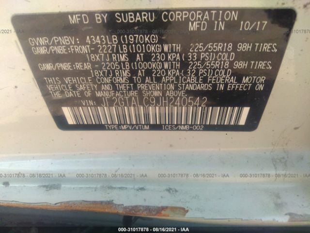 Photo 8 VIN: JF2GTALC9JH240542 - SUBARU CROSSTREK 