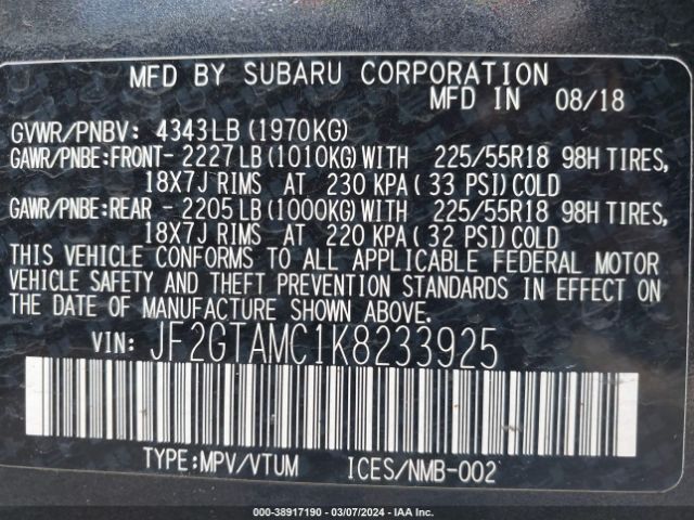 Photo 8 VIN: JF2GTAMC1K8233925 - SUBARU CROSSTREK 