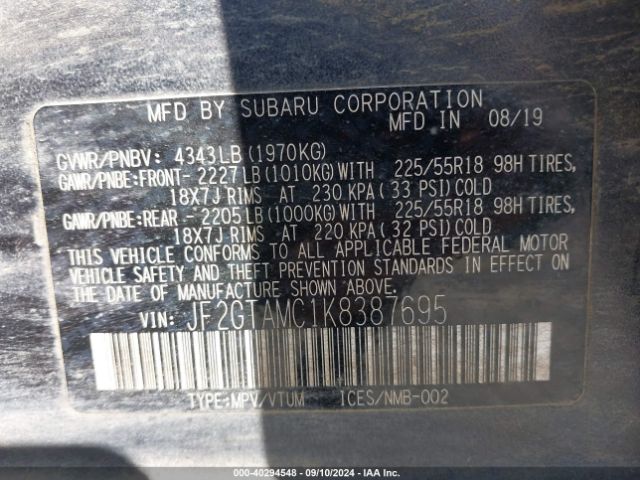 Photo 8 VIN: JF2GTAMC1K8387695 - SUBARU CROSSTREK 