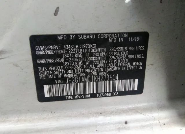 Photo 8 VIN: JF2GTAMC1KH273504 - SUBARU CROSSTREK 