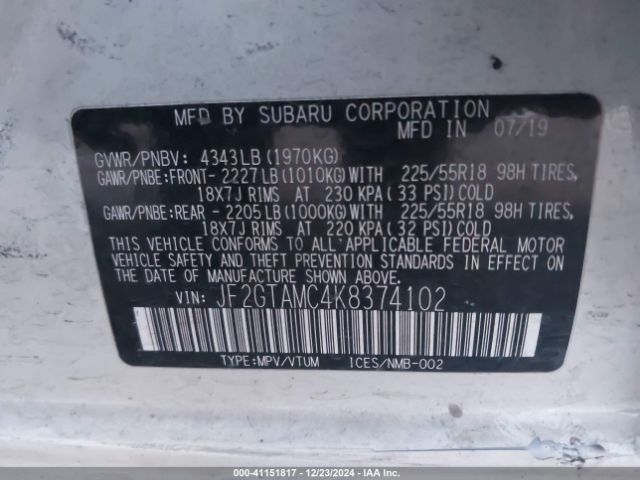 Photo 8 VIN: JF2GTAMC4K8374102 - SUBARU CROSSTREK 