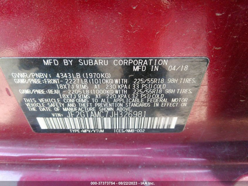 Photo 8 VIN: JF2GTAMC7JH326981 - SUBARU CROSSTREK 