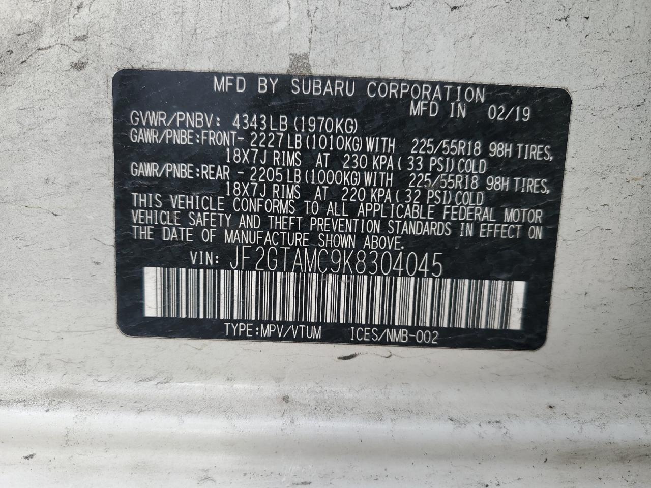 Photo 12 VIN: JF2GTAMC9K8304045 - SUBARU CROSSTREK 