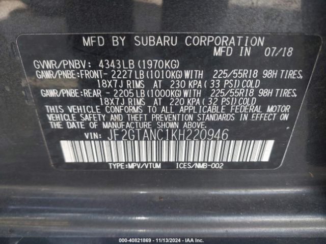 Photo 8 VIN: JF2GTANC1KH220946 - SUBARU CROSSTREK 