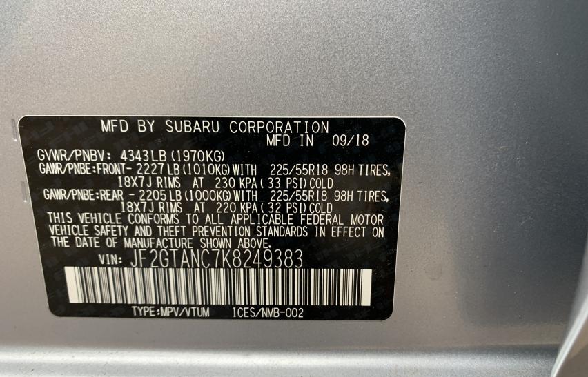 Photo 9 VIN: JF2GTANC7K8249383 - SUBARU CROSSTREK 