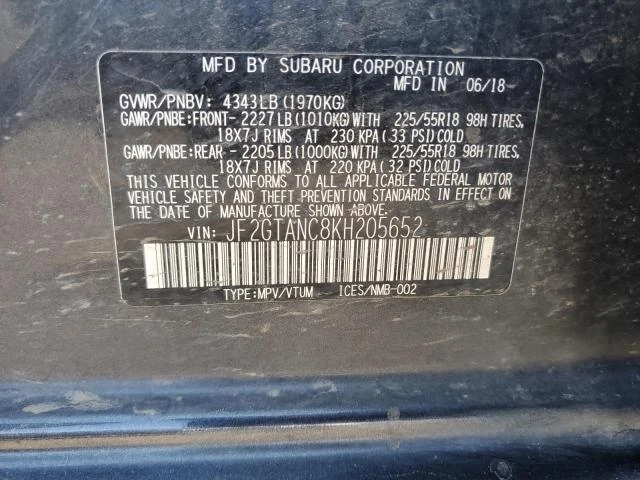 Photo 11 VIN: JF2GTANC8KH205652 - SUBARU CROSSTREK 