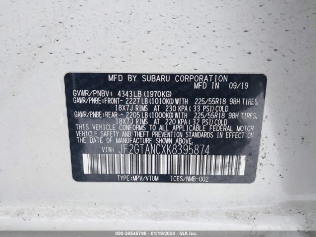 Photo 8 VIN: JF2GTANCXK8395874 - SUBARU CROSSTREK 