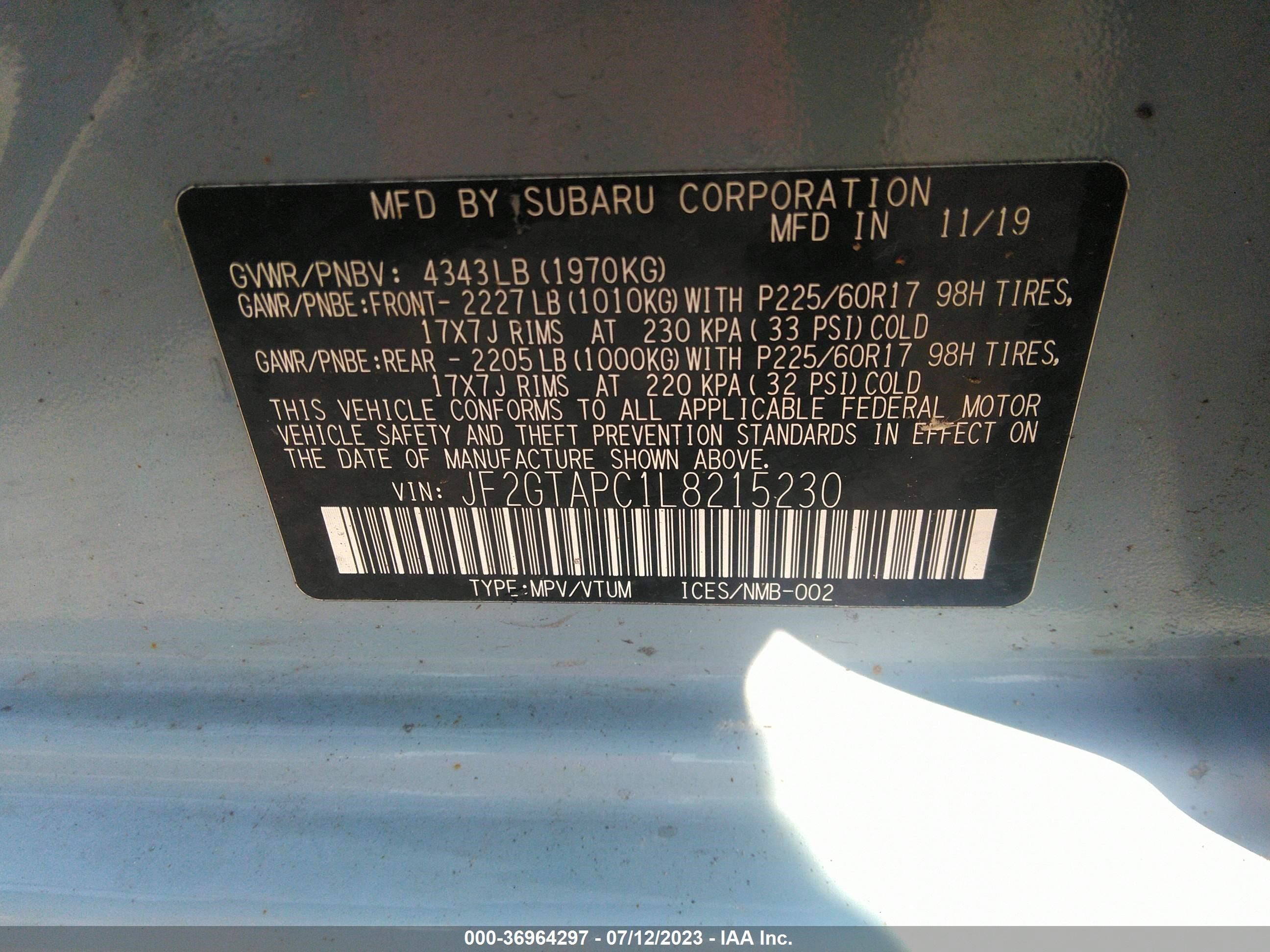 Photo 8 VIN: JF2GTAPC1L8215230 - SUBARU CROSSTREK 