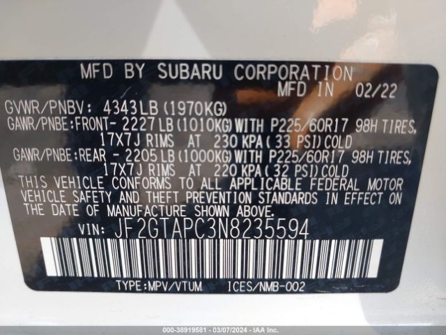 Photo 8 VIN: JF2GTAPC3N8235594 - SUBARU CROSSTREK 