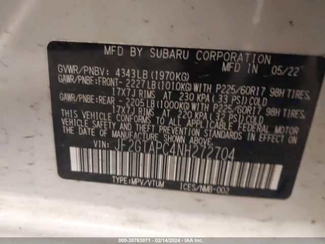 Photo 8 VIN: JF2GTAPC4NH272704 - SUBARU CROSSTREK 