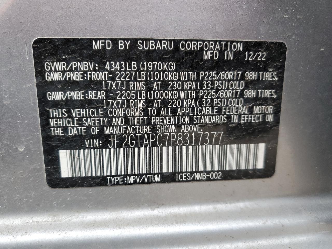 Photo 11 VIN: JF2GTAPC7P8317377 - SUBARU CROSSTREK 