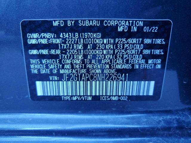 Photo 9 VIN: JF2GTAPC8NH226941 - SUBARU CROSSTREK 