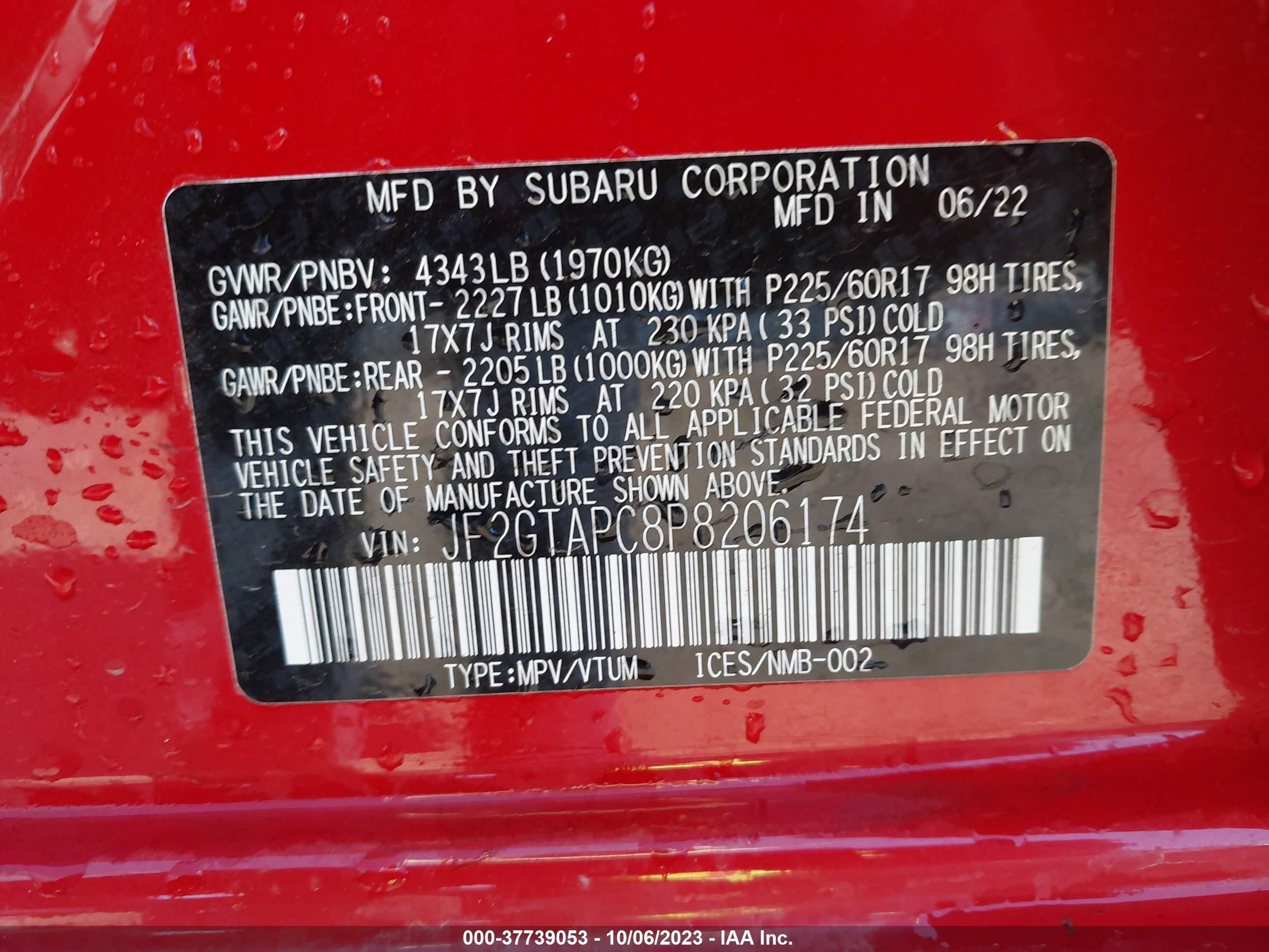 Photo 8 VIN: JF2GTAPC8P8206174 - SUBARU CROSSTREK 