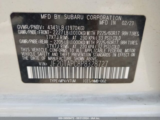 Photo 8 VIN: JF2GTAPC8P8328727 - SUBARU CROSSTREK 