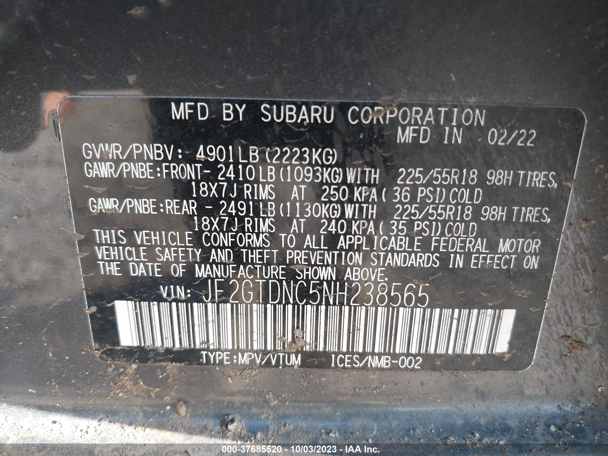 Photo 8 VIN: JF2GTDNC5NH238565 - SUBARU CROSSTREK 