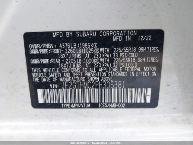 Photo 8 VIN: JF2GTHMC2PH306381 - SUBARU CROSSTREK 